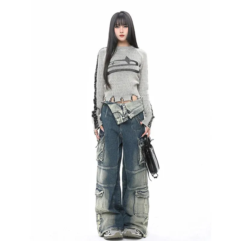 Aiertu Blue Jeans Women Streetwear Fashion Y2K High Waist American Wide Leg Pants Denim Female Pants Autumn Straight Trousers