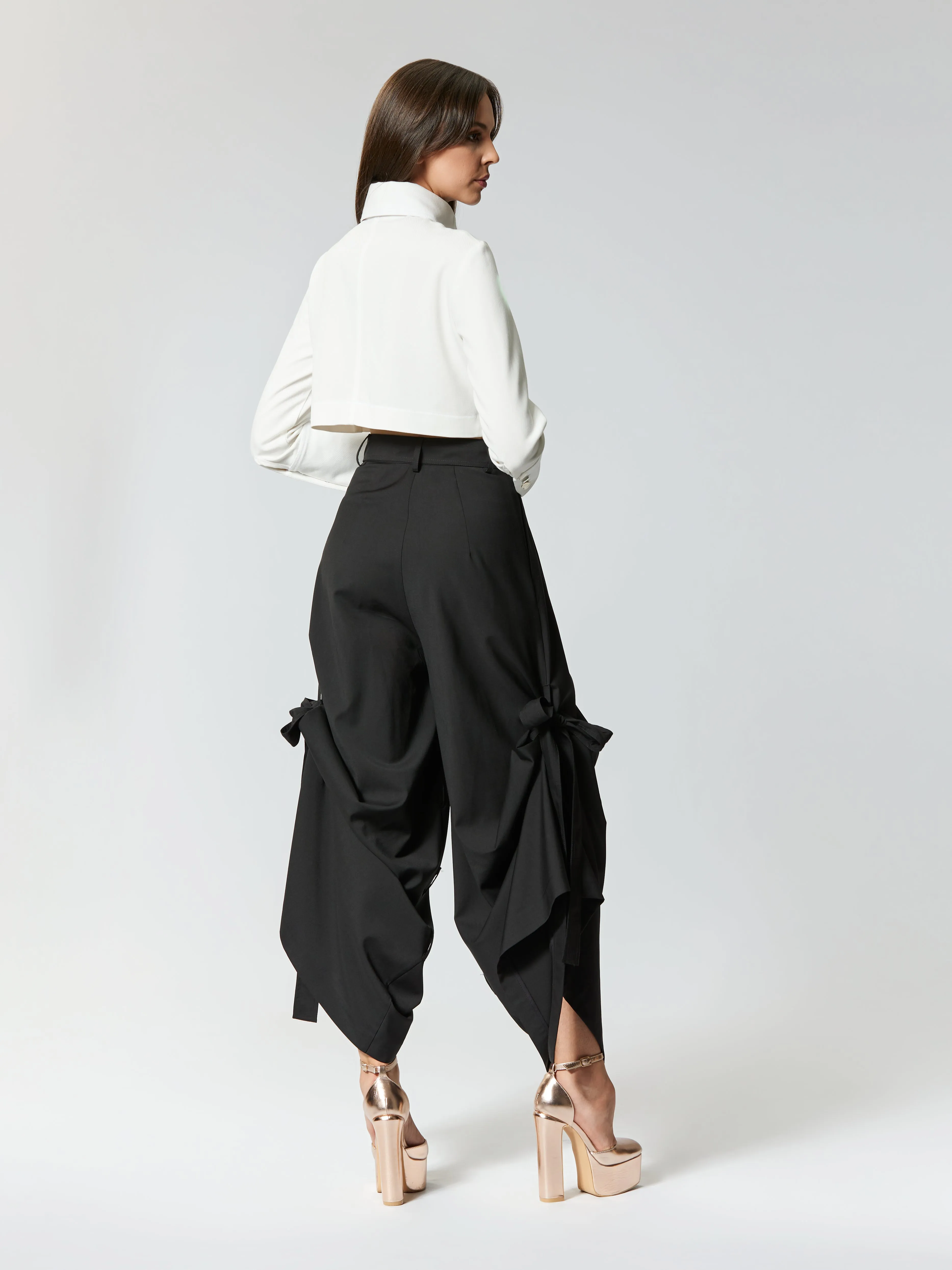 Eyos Infinity | Wool Palazzo Trousers with Ribbons in Black