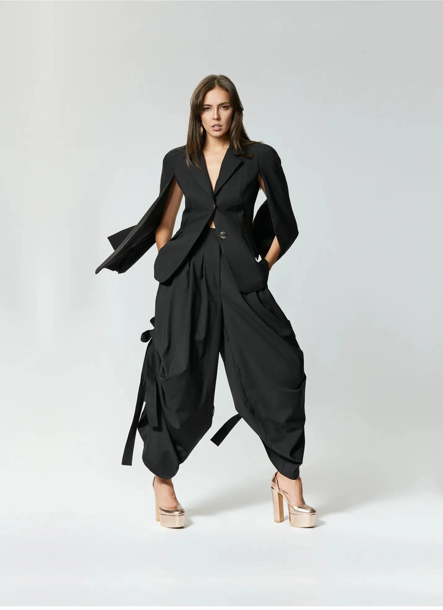 Eyos Infinity | Wool Palazzo Trousers with Ribbons in Black