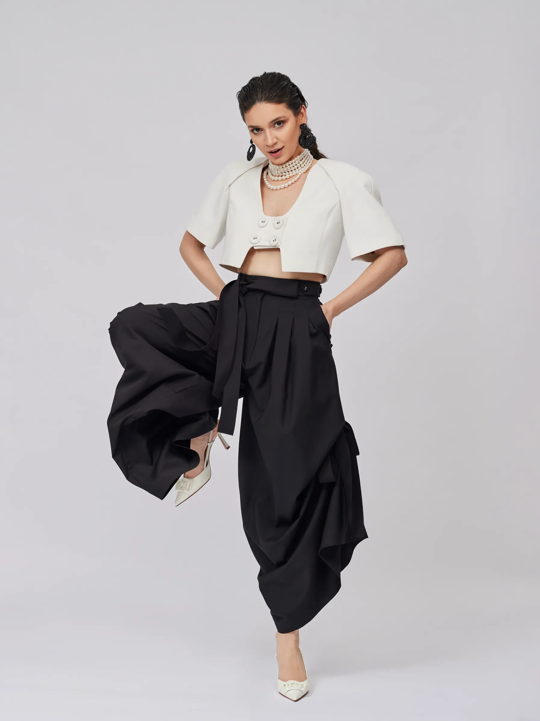 Eyos Infinity | Wool Palazzo Trousers with Ribbons in Black