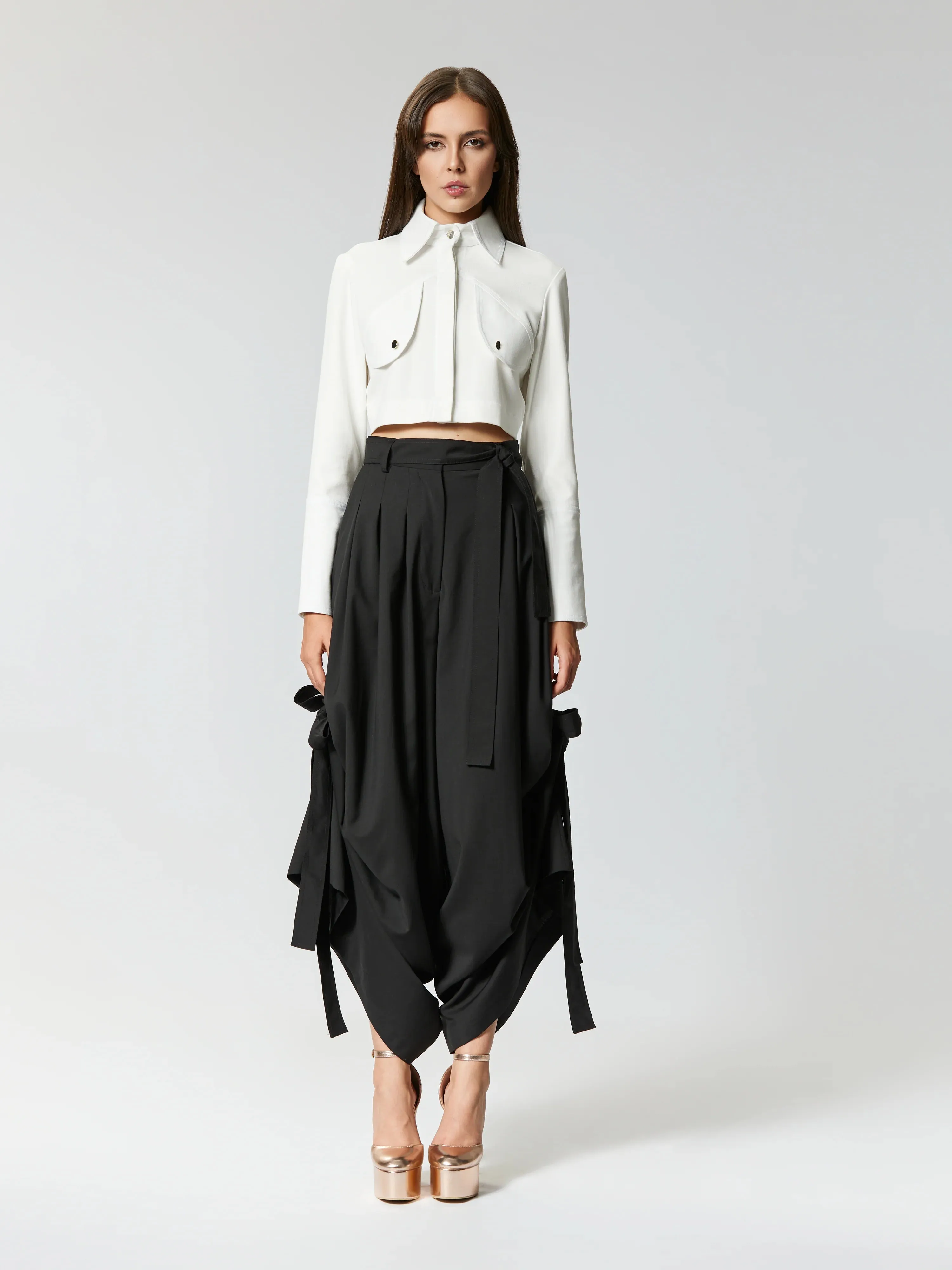 Eyos Infinity | Wool Palazzo Trousers with Ribbons in Black