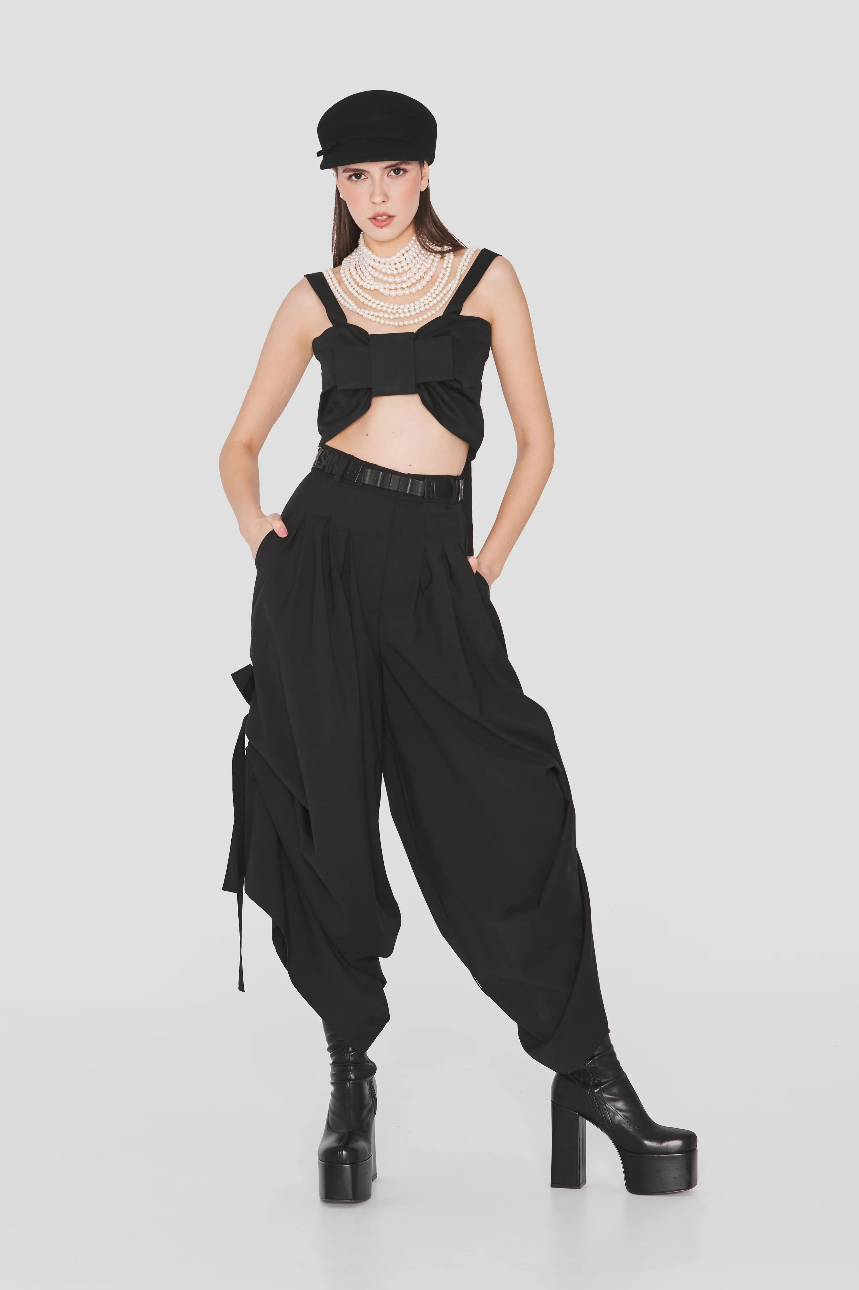 Eyos Infinity | Wool Palazzo Trousers with Ribbons in Black
