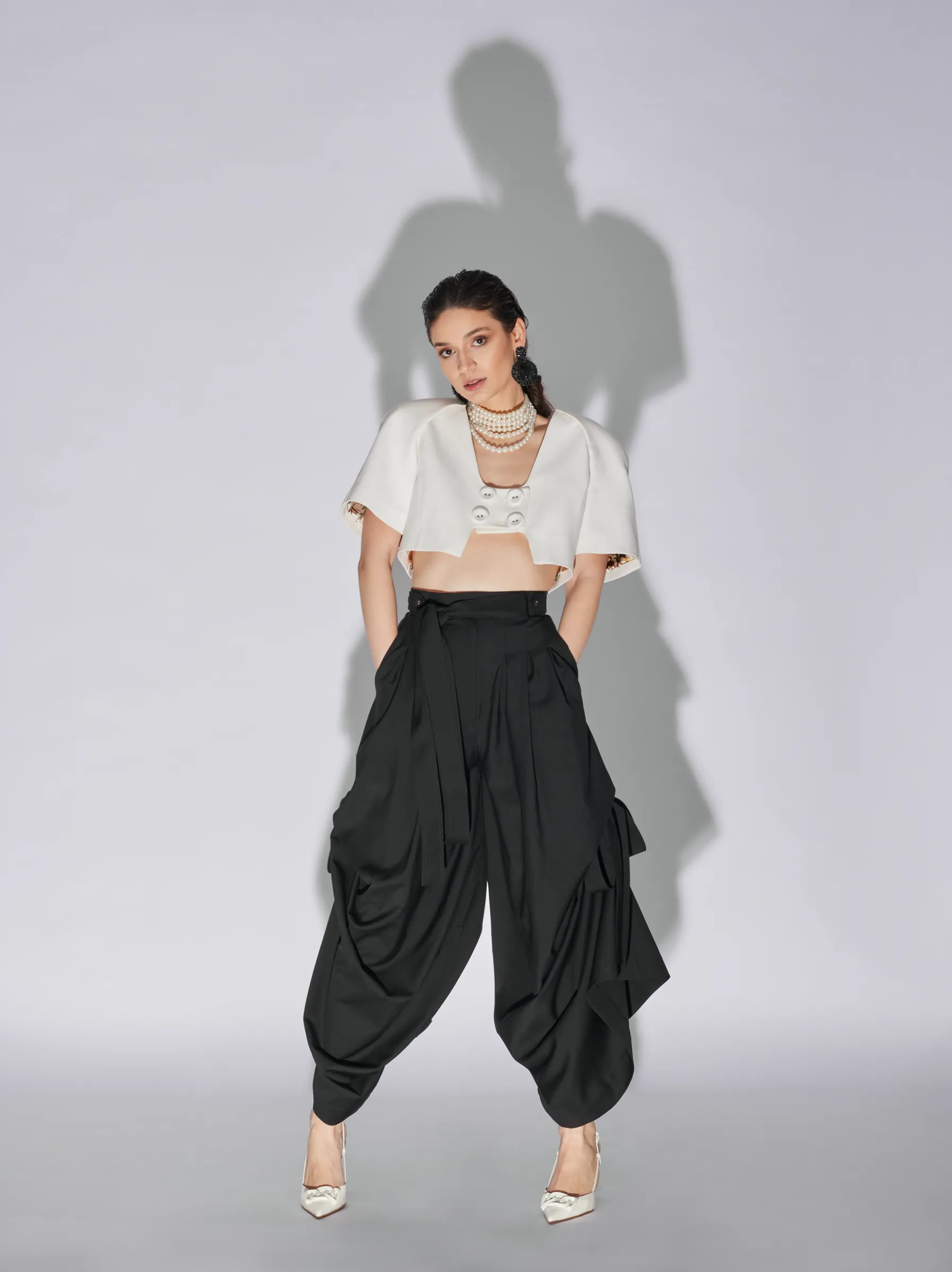 Eyos Infinity | Wool Palazzo Trousers with Ribbons in Black