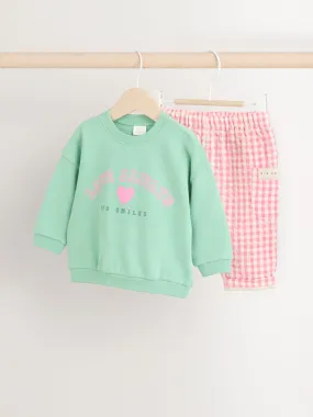 Green/Pink Gingham Baby Sweat Jumper and Woven Trousers Set