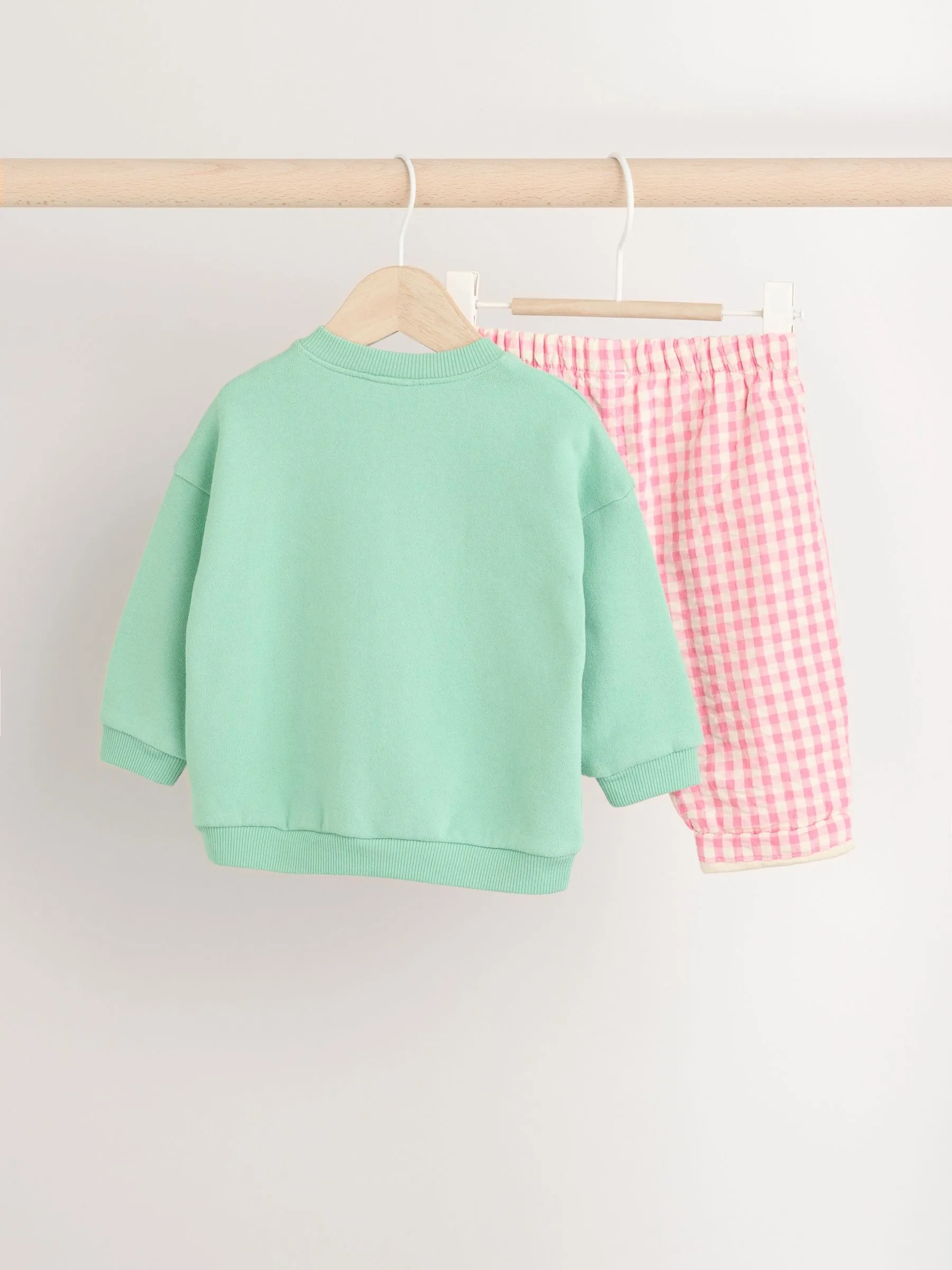 Green/Pink Gingham Baby Sweat Jumper and Woven Trousers Set