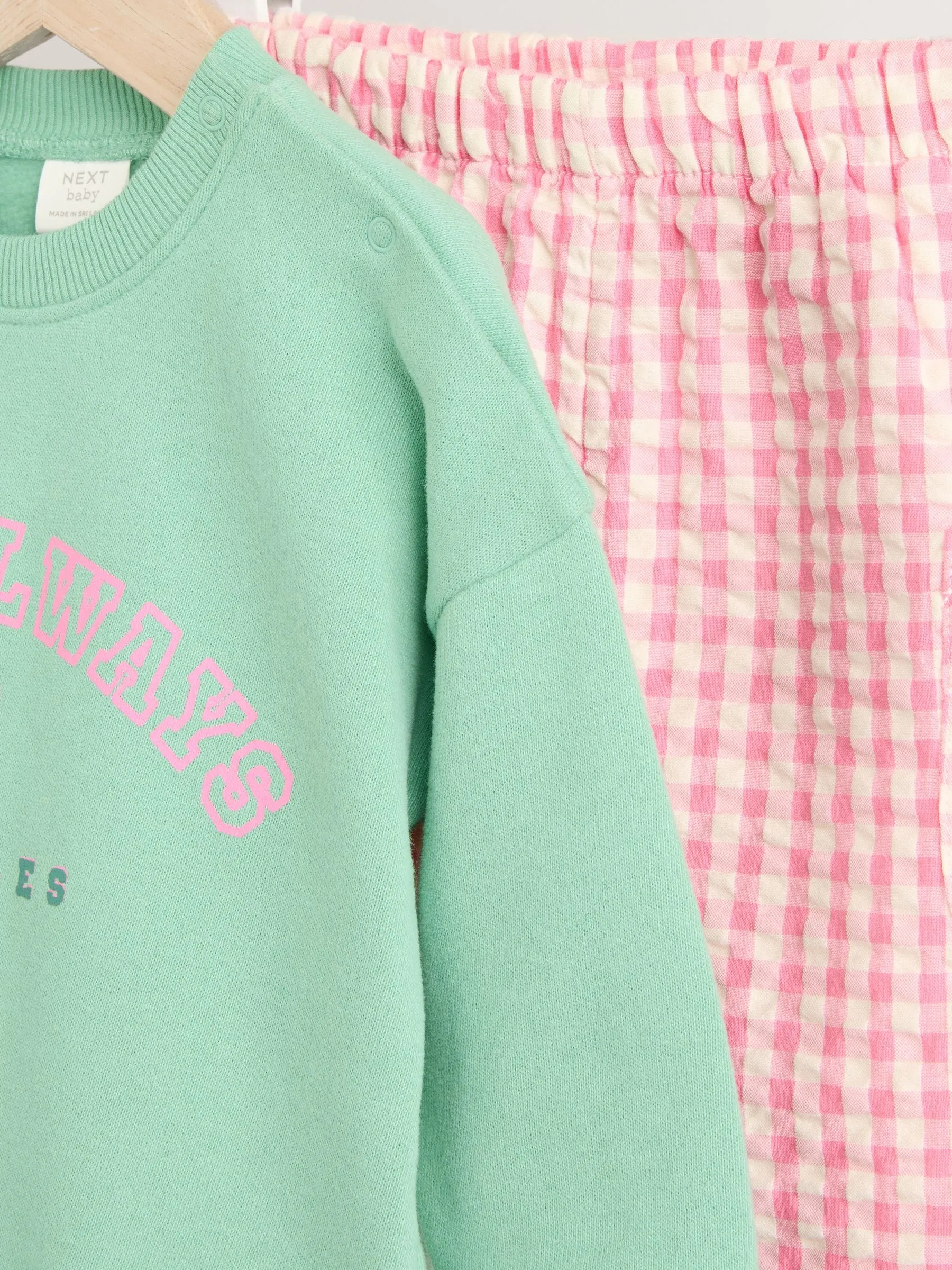 Green/Pink Gingham Baby Sweat Jumper and Woven Trousers Set