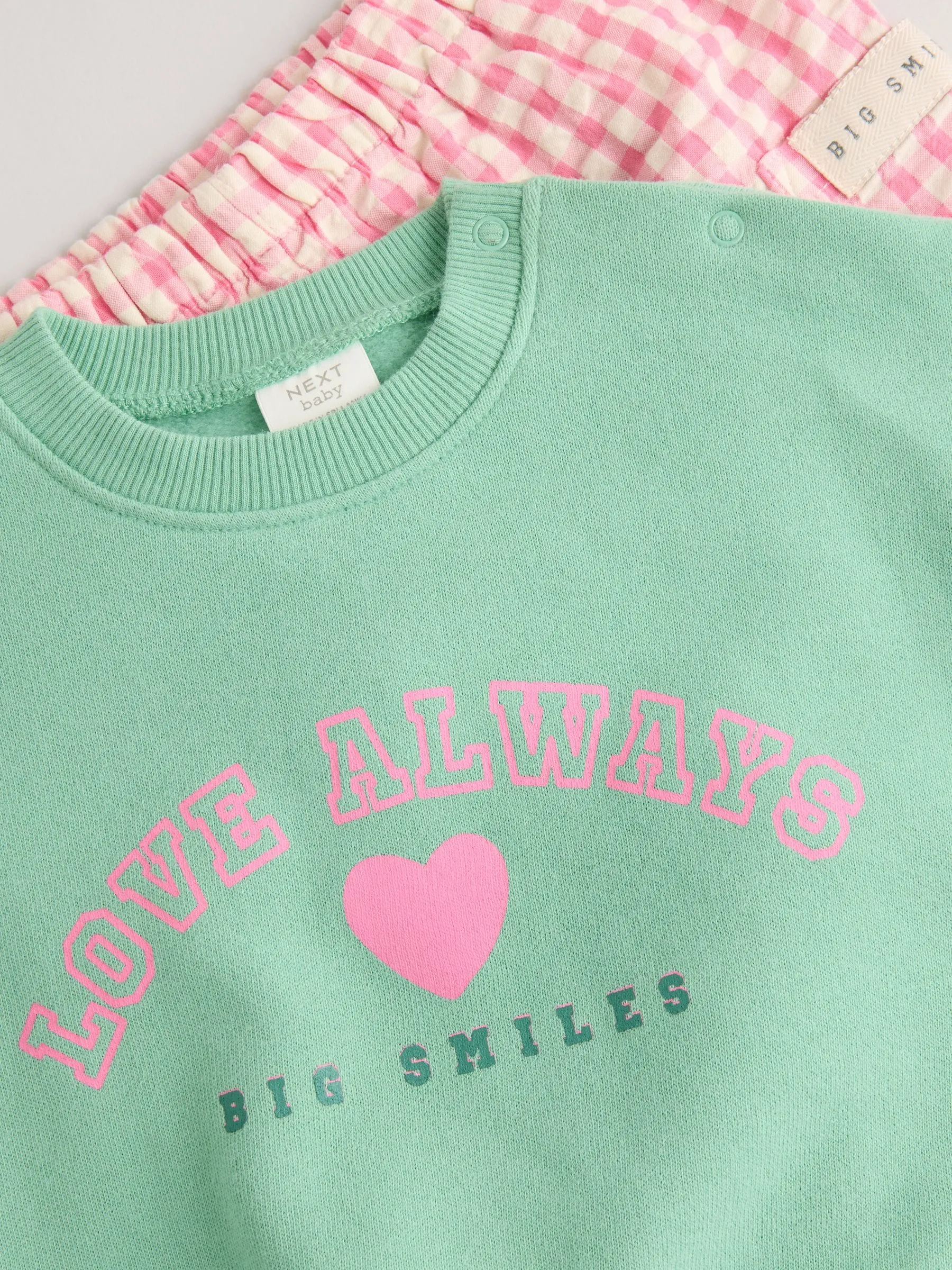 Green/Pink Gingham Baby Sweat Jumper and Woven Trousers Set