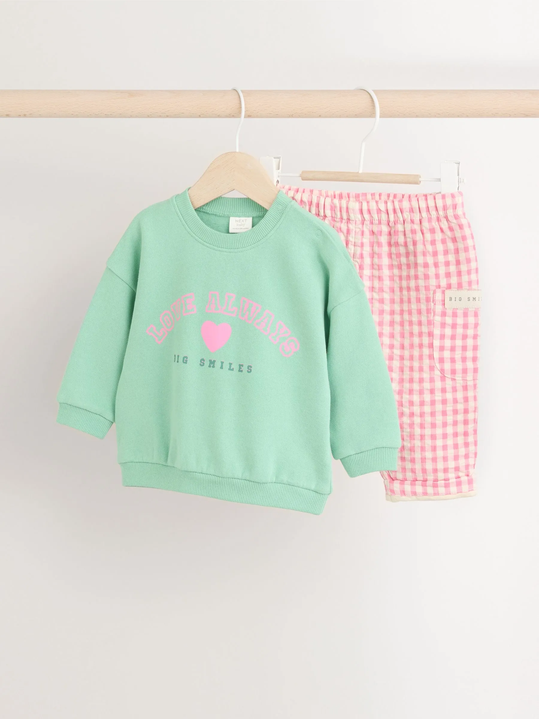 Green/Pink Gingham Baby Sweat Jumper and Woven Trousers Set