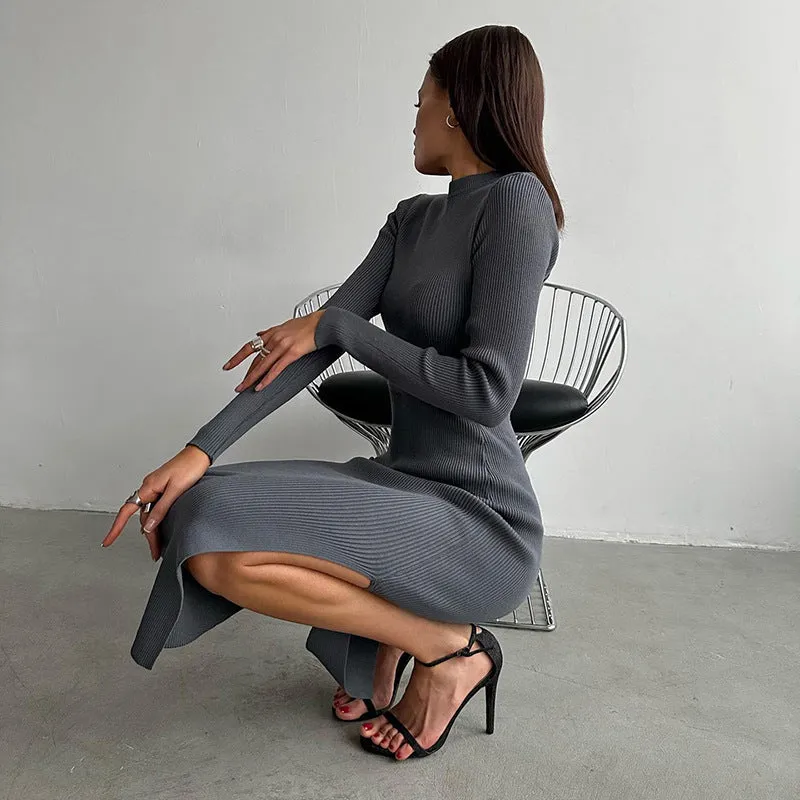 Hollow Out Long Sleeve Knit. Sexy Split Dress