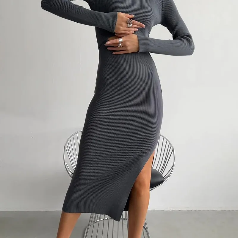 Hollow Out Long Sleeve Knit. Sexy Split Dress