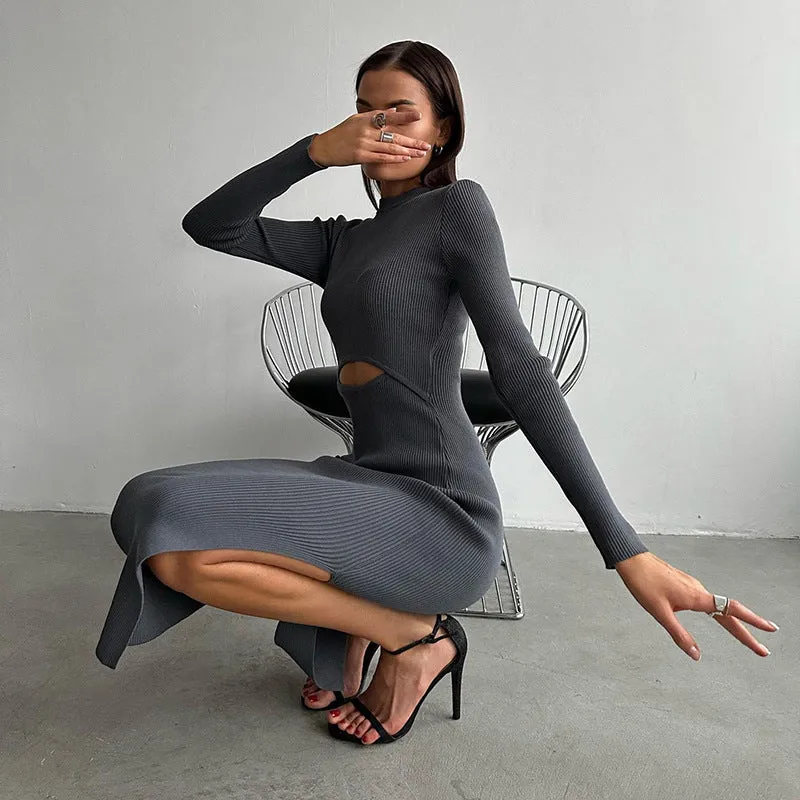 Hollow Out Long Sleeve Knit. Sexy Split Dress