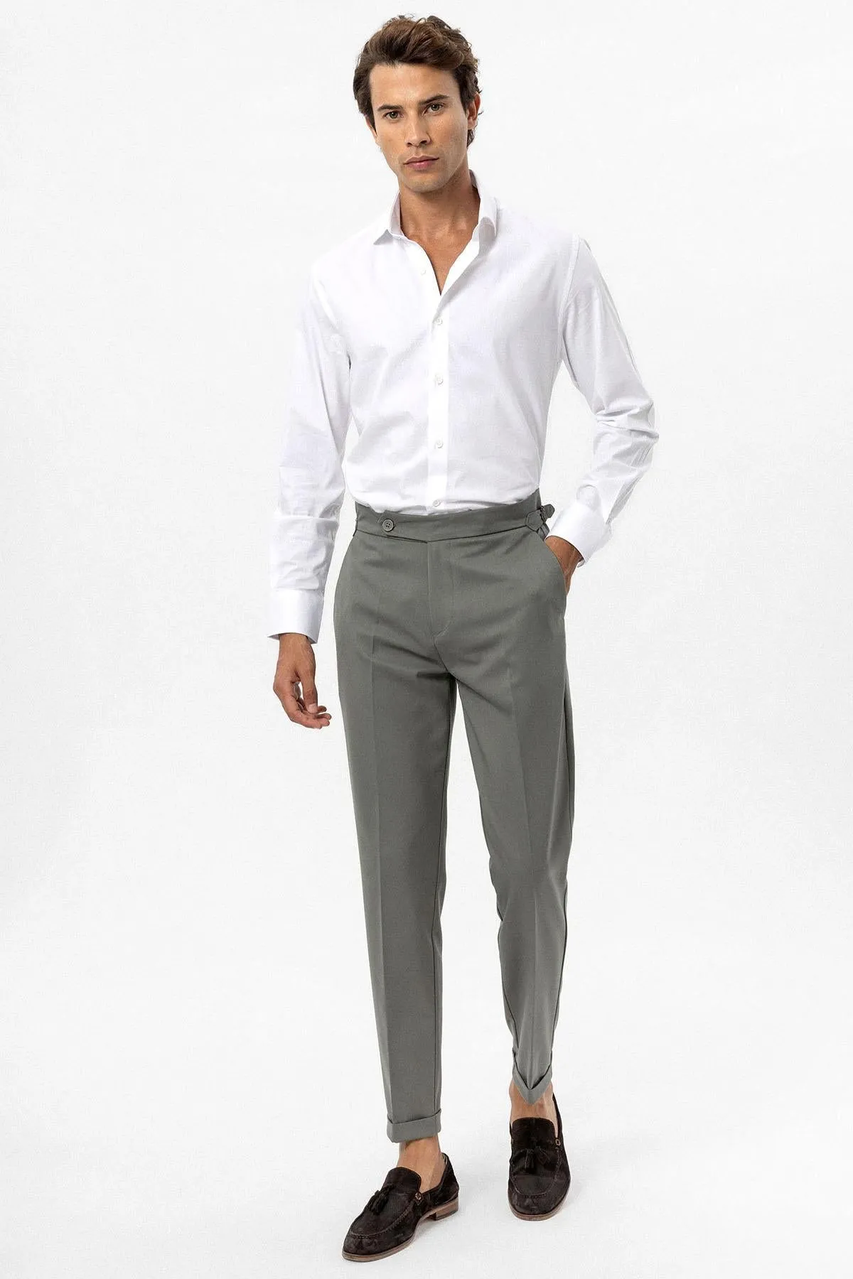 Men's Khaki High-Waist Regular Fit Pants - Wessi