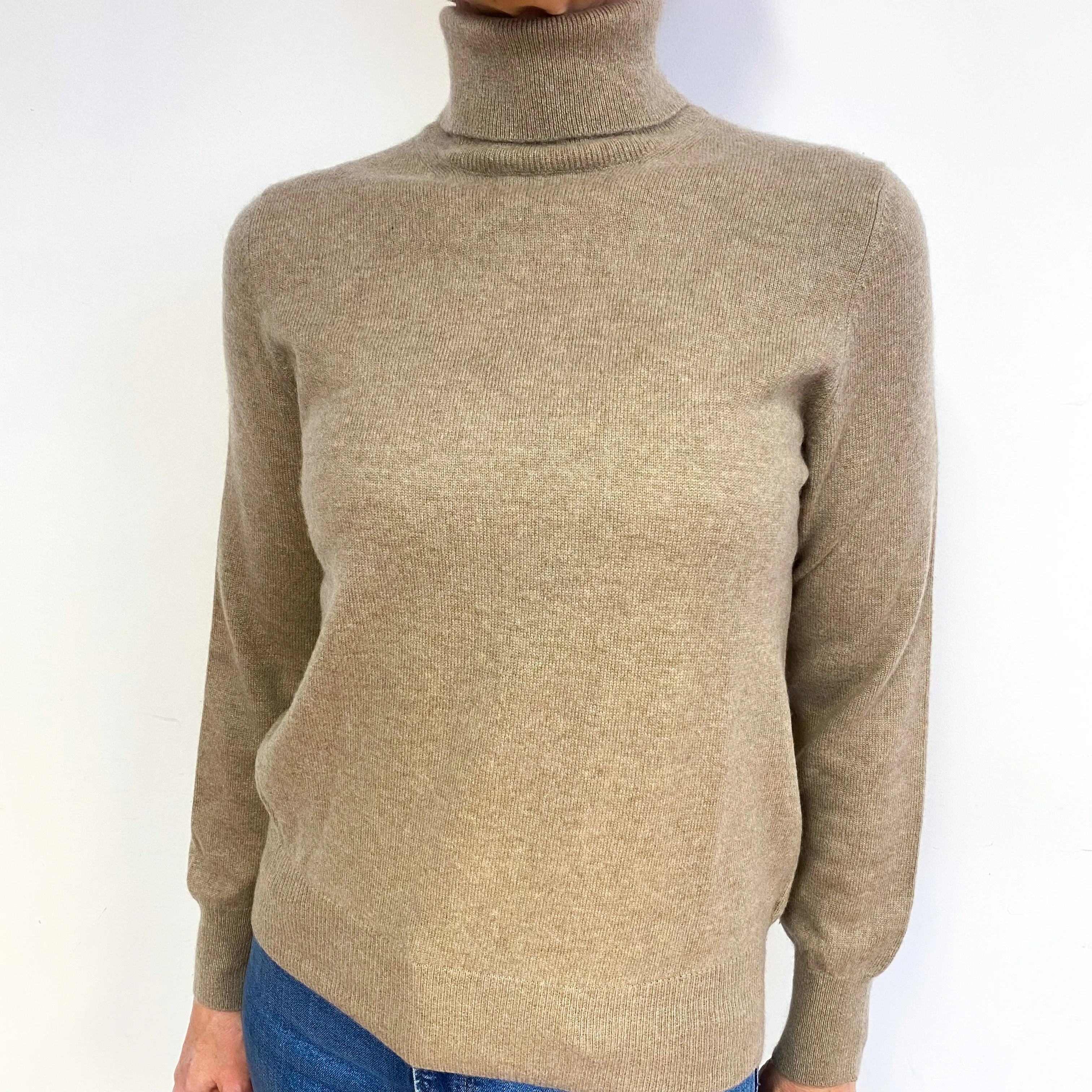 Taupe Brown Cashmere Polo Neck Jumper Medium