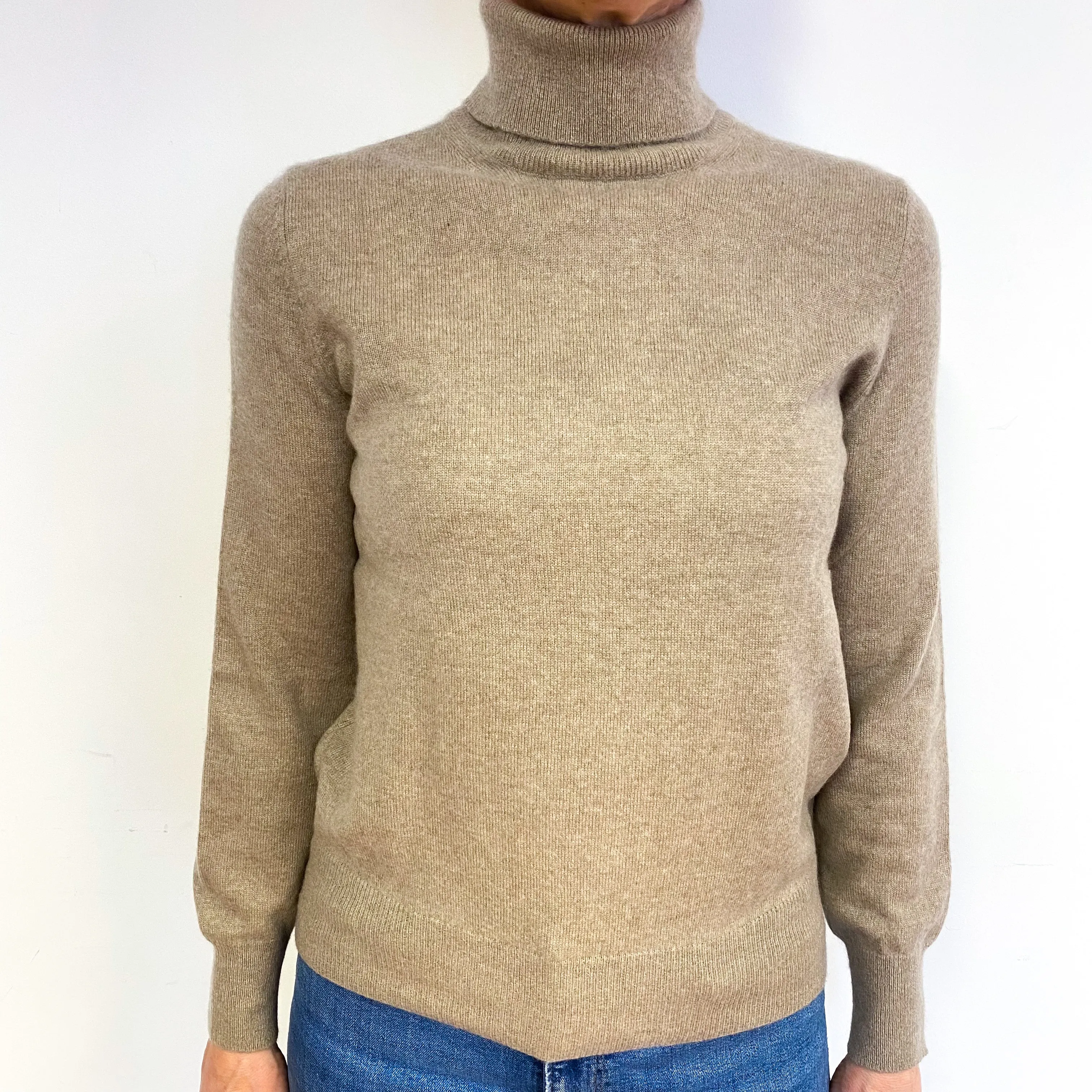 Taupe Brown Cashmere Polo Neck Jumper Medium