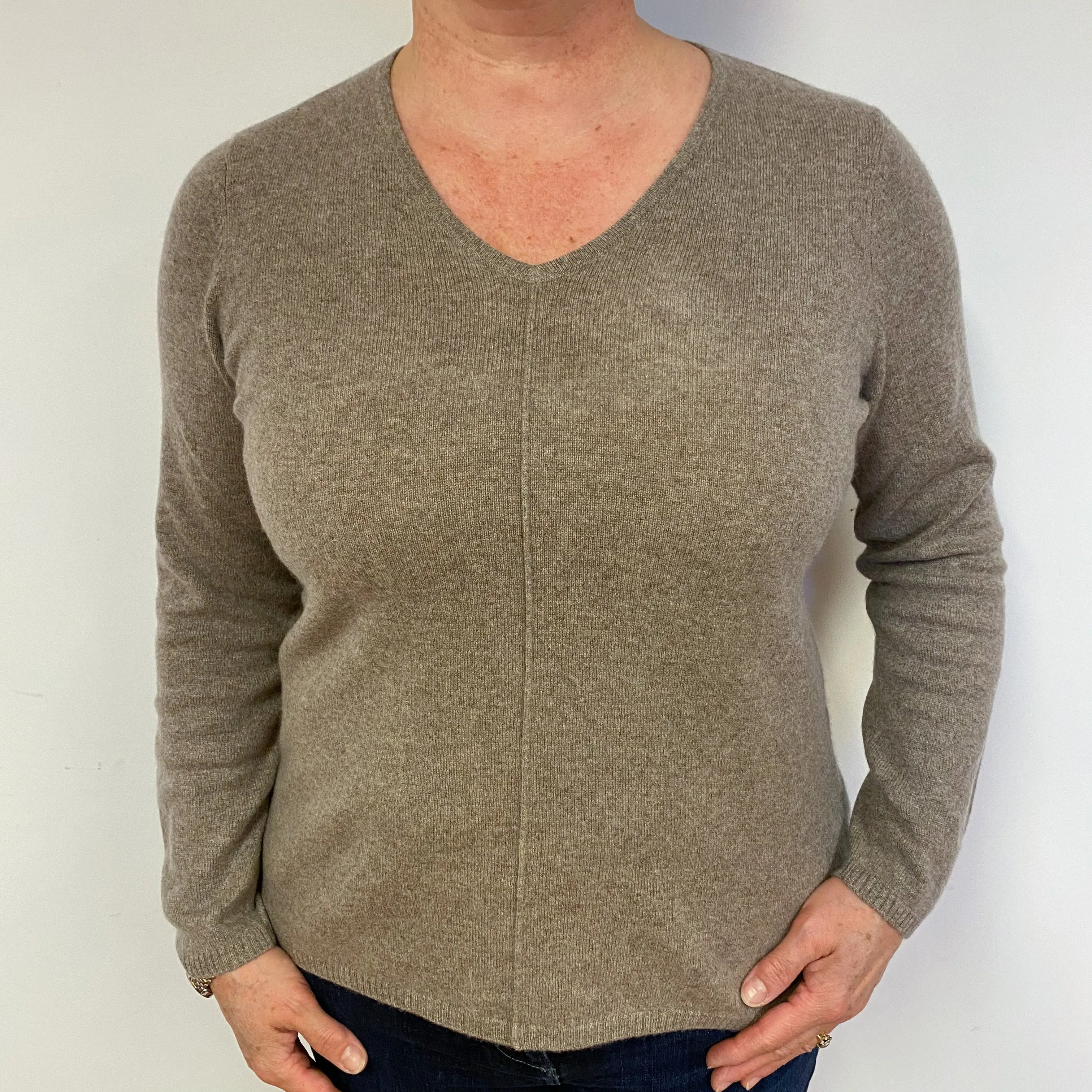 Taupe Brown Cashmere V-Neck Jumper Large.