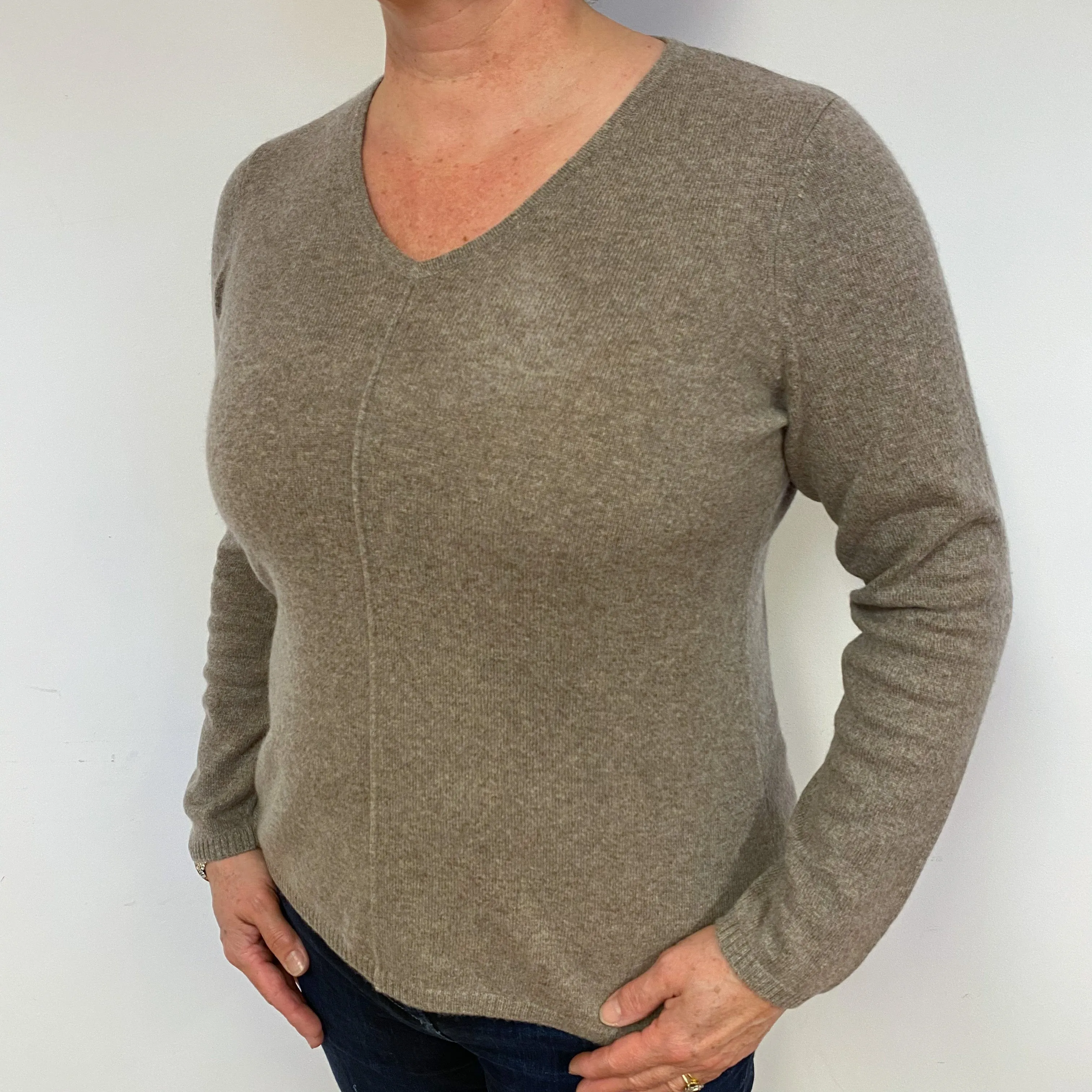 Taupe Brown Cashmere V-Neck Jumper Large.