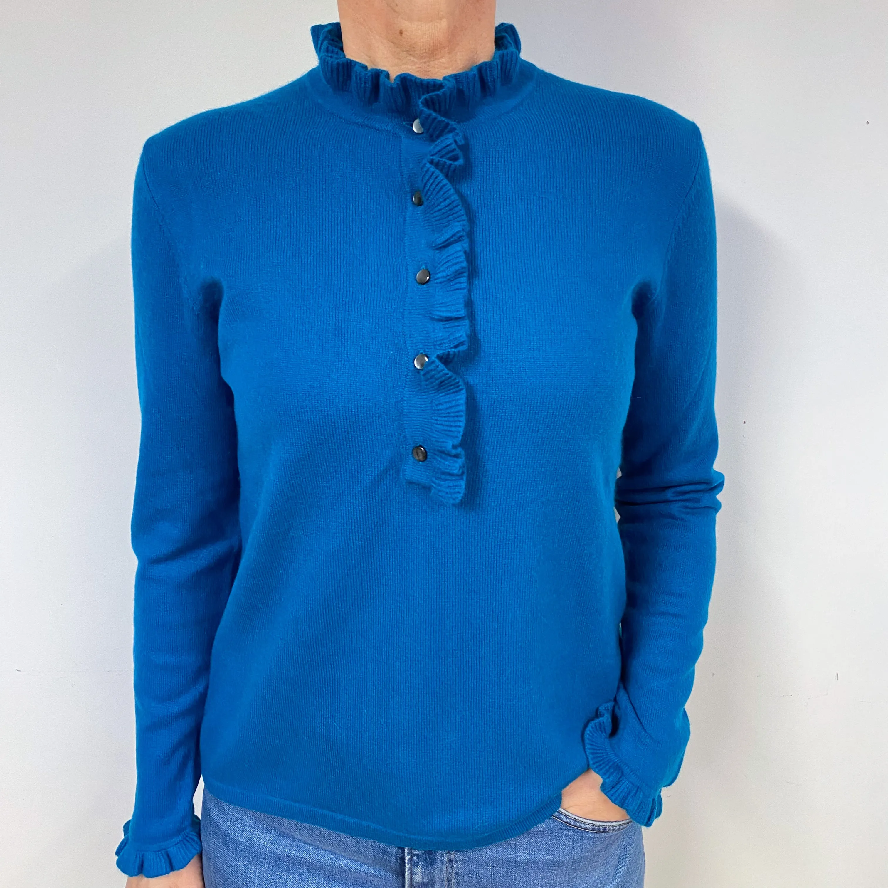 Teal Blue Ruffle Cashmere Crew Neck Jumper Medium