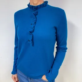 Teal Blue Ruffle Cashmere Crew Neck Jumper Medium
