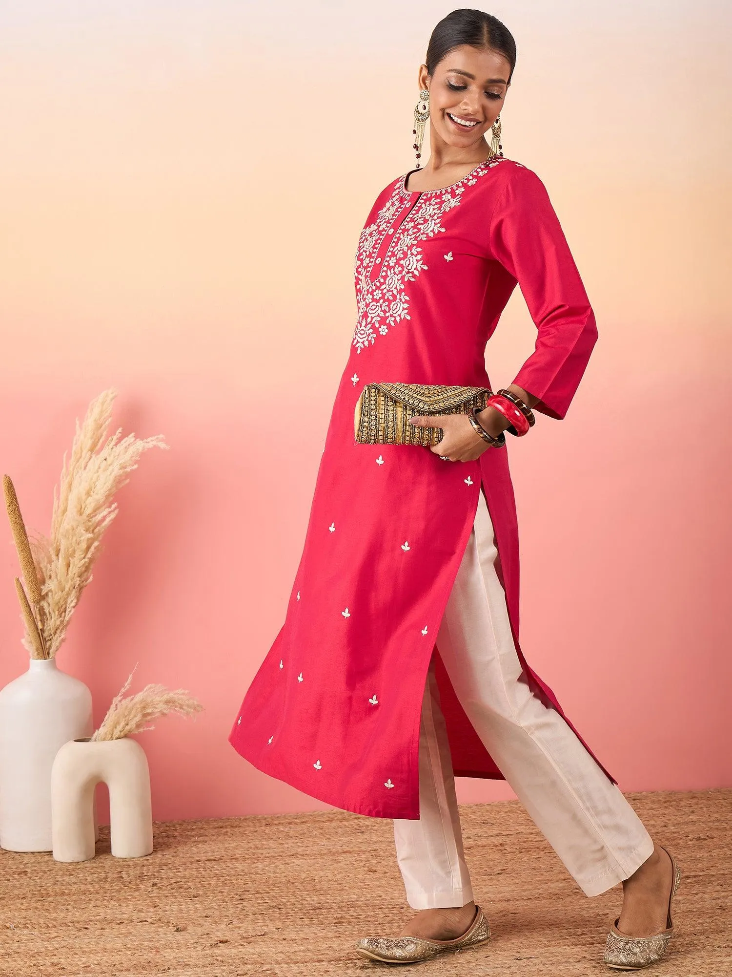 Women Floral Embroidered Regular Thread Work Kurta with Trousers